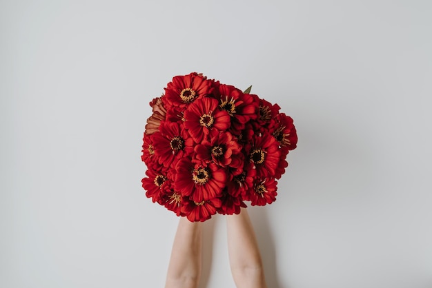 Bouquet de fleurs rouges dans les mains des femmes sur fond blanc Vue de dessus à plat