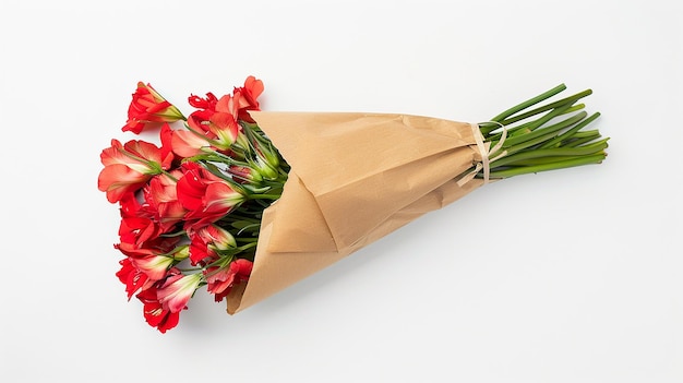 Bouquet de fleurs rouges emballé en papier brun sur blanc