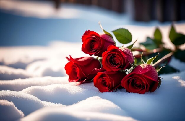 Photo bouquet de fleurs rouges roses dans la neige