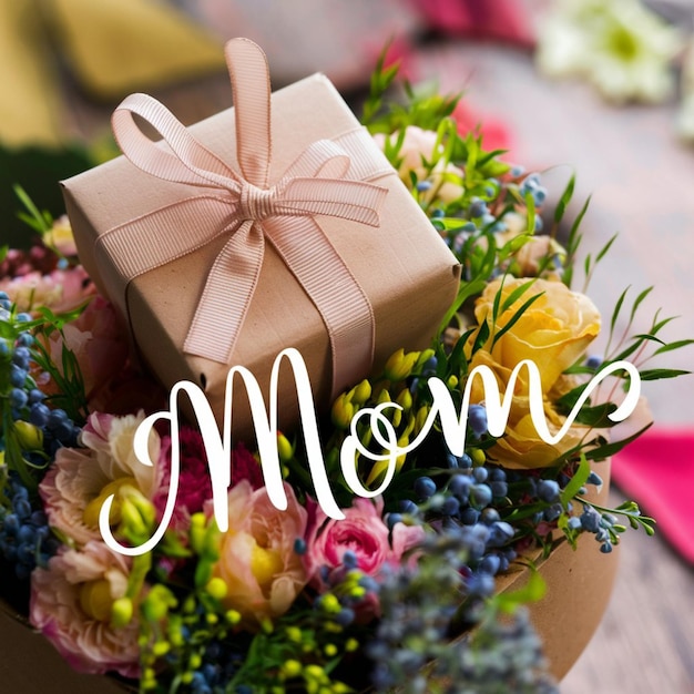 Photo un bouquet de fleurs avec un ruban et un nœud pour la fête des mères