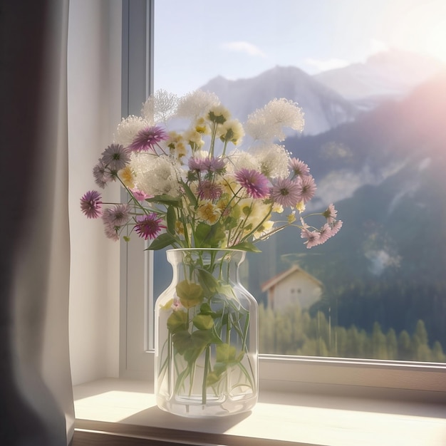 Bouquet de fleurs sauvages dans un vase en verre sur fond de paysage de montagne