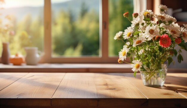 Bouquet de fleurs sauvages dans un vase en verre sur une table en bois