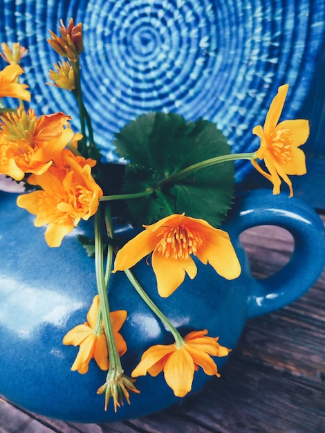 Bouquet de fleurs sauvages jaunes dans un pot en argile bleu sur fond bleu Gros plan