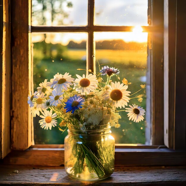 Bouquet de fleurs sauvages sur le rebord de la fenêtre d'une maison de campagne au coucher du soleil