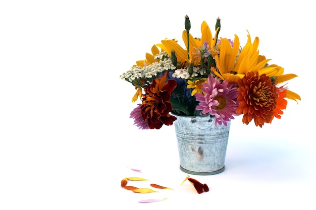 Un bouquet de fleurs se dresse dans un seau sur un blanc isolé