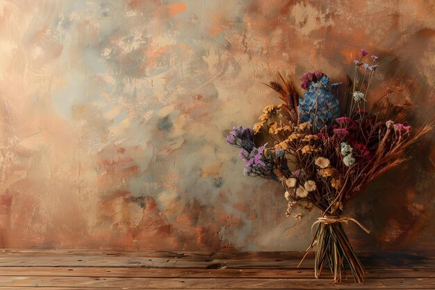 Bouquet de fleurs séchées affiché sur une table en bois contre un mur en terre cuite blanc Concept Fleurs séchés Table en bois Bouquet de terre cuite sur le mur Affichage Arrière-plan neutre