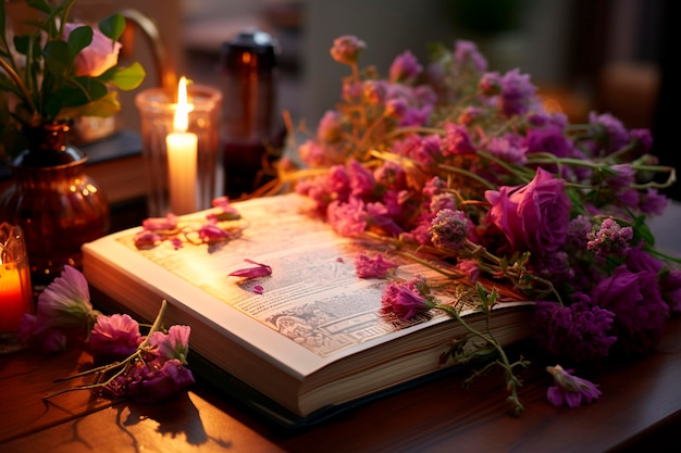 Bouquet de fleurs séchées et un livre sur une table en bois ai générative