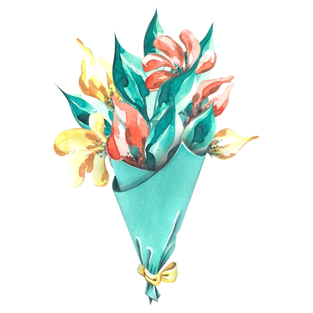Bouquet de fleurs simples dans un cône de papier papier d'emballage turquoise Illustration à l'aquarelle Une composition d'un grand ensemble de JOYEUX ANNIVERSAIRE Pour la décoration et le design félicitations
