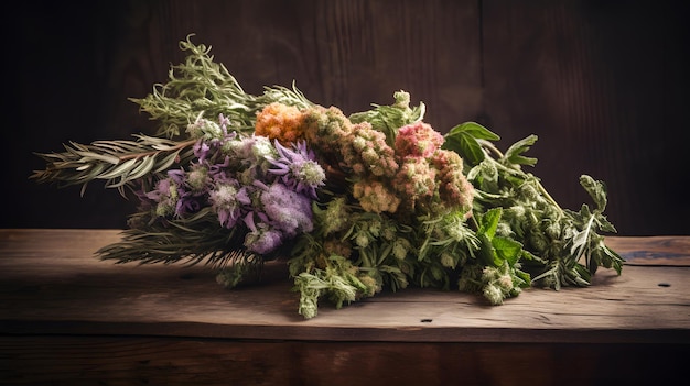 Un bouquet de fleurs sur une table en bois