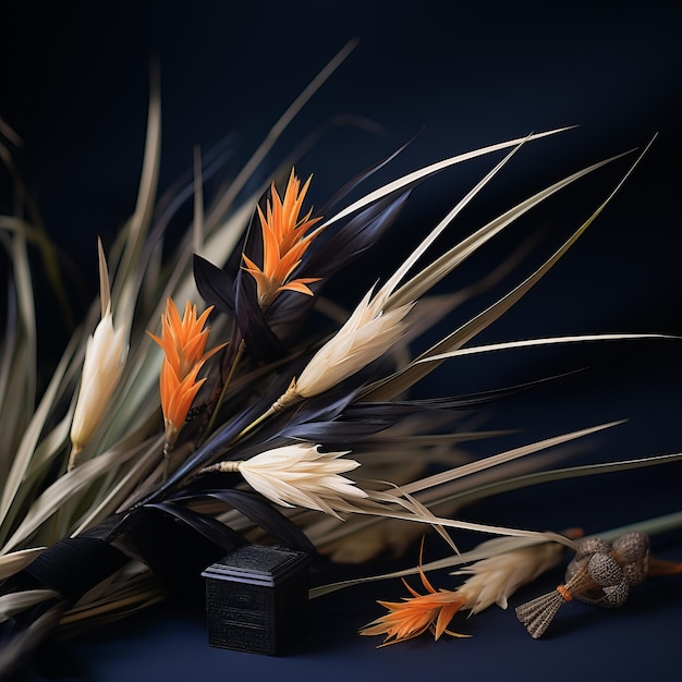 un bouquet de fleurs sur une table à côté d'une boîte noire