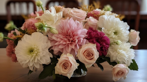 Un bouquet de fleurs sur une table avec une fleur rose et blanche.