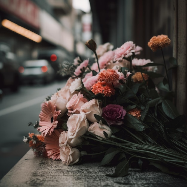 Bouquet de fleurs avec toile de fond de la ville