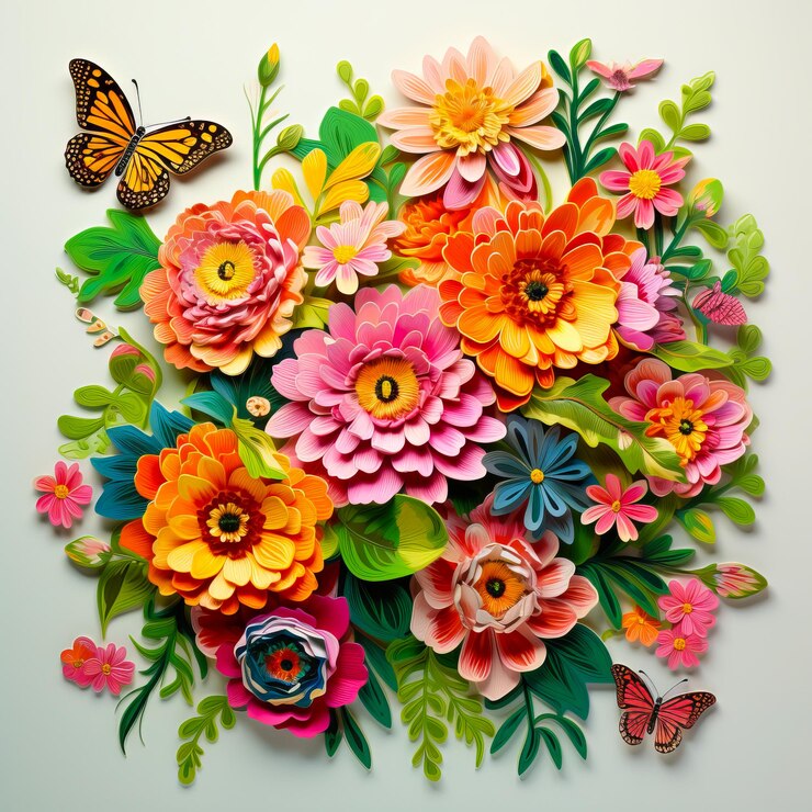 Bouquet de fleurs tropicales à l'aquarelle avec des papillons