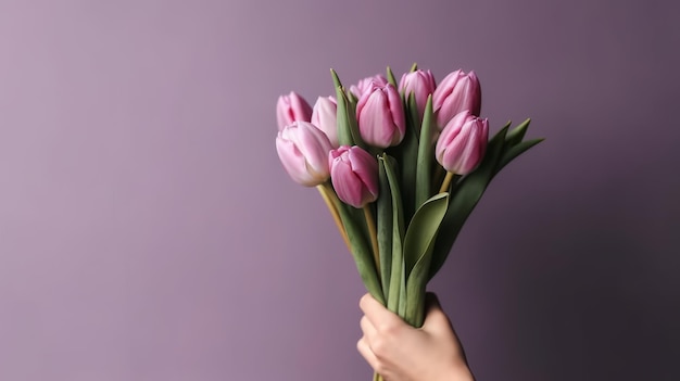 Bouquet de fleurs de tulipe violette sur les mains Illustration AI GenerativexA