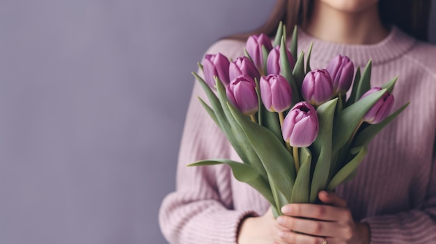 Bouquet de fleurs de tulipe violette sur les mains Illustration AI GenerativexA