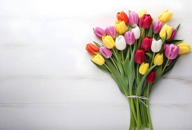 Bouquet de fleurs de tulipes colorées sur un fond blanc en bois clair