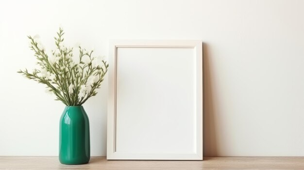 Bouquet de fleurs de vase vert avec un cadre blanc sur la table de chevet