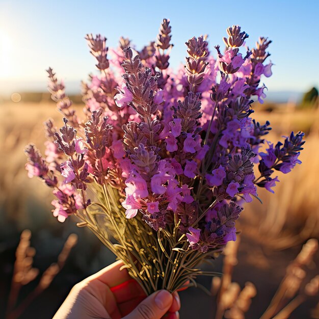 Un bouquet de fleurs violettes des champs dans une main sur fond de ciel bleu IA générative