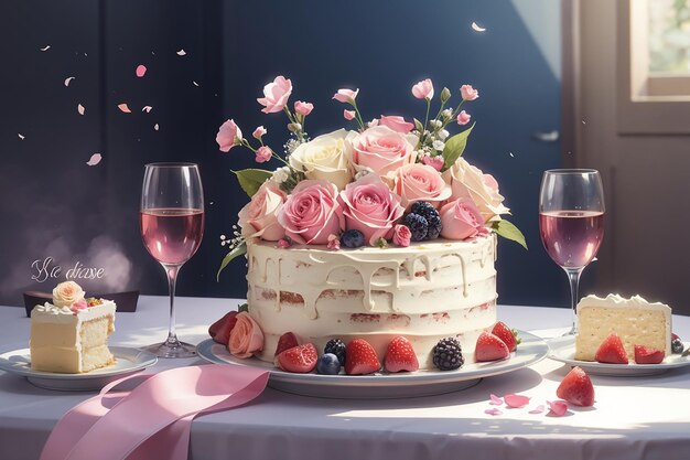 bouquet frais célébration de mariage d'amour doux avec un gâteau