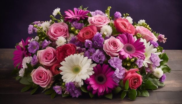 Bouquet frais de fleurs roses et violettes généré par l'IA