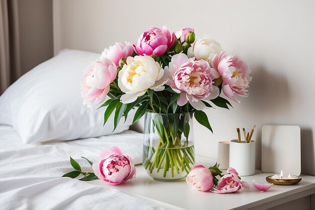 Un bouquet frais de pionnes roses et blanches dans le vase sur la table de chevet