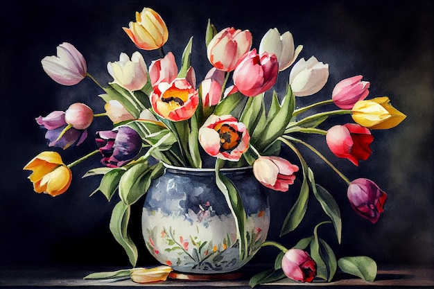 Bouquet frais de tulipes de printemps en vase sur fond noir avec fond de salon de design classique léger Fleurs festives pour cadeau Fleurs à l'aquarelle