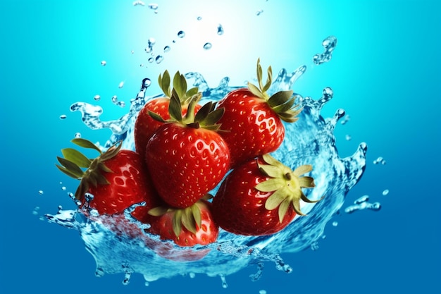 Un bouquet de fraises est dans une éclaboussure d'eau.