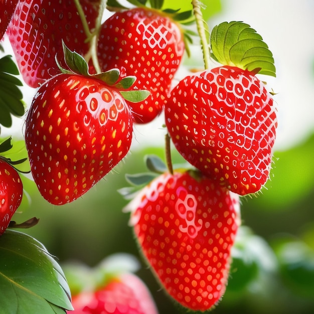 Un bouquet de fraises est suspendu à un arbre.