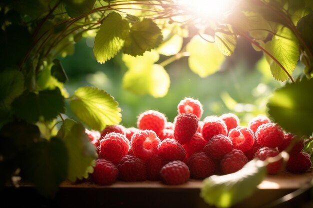 Un bouquet de framboises au soleil