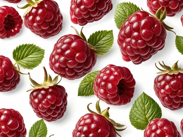 un bouquet de framboises avec des feuilles vertes et un fond blanc