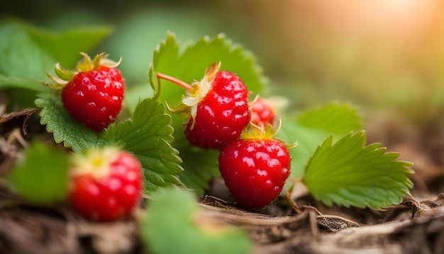 un bouquet de framboises avec des feuilles vertes et quelques autres baies