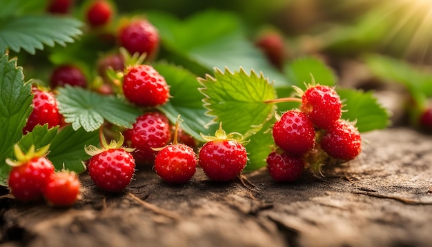 un bouquet de framboises avec des feuilles vertes sur le sol