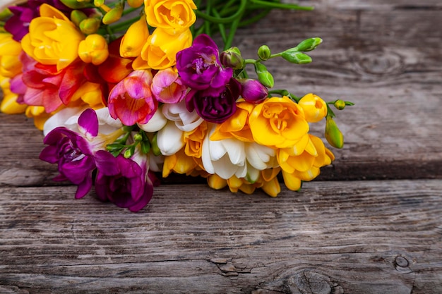 Bouquet de freesias multicolores sur fond de bois ancien. Belles fleurs.