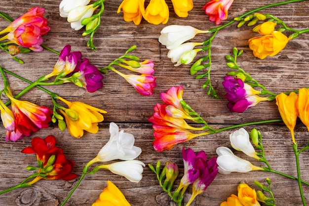 Photo bouquet de freesias multicolores sur fond de bois ancien. belles fleurs.