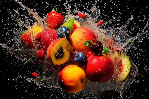 Un bouquet de fruits est aspergé d'eau.