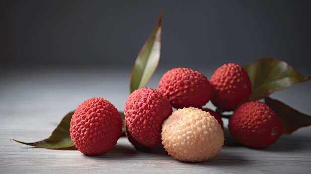 Un bouquet de fruits de litchi avec l'un d'eux sur une table.