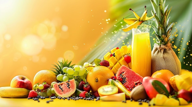 un bouquet de fruits et un verre de jus d'orange sur une table