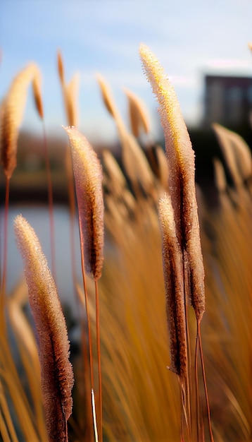 Bouquet d'herbes hautes à côté d'un plan d'eau ai génératif