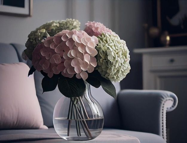 Bouquet d'hortensias pastel dans un vase Illustration Generative AI