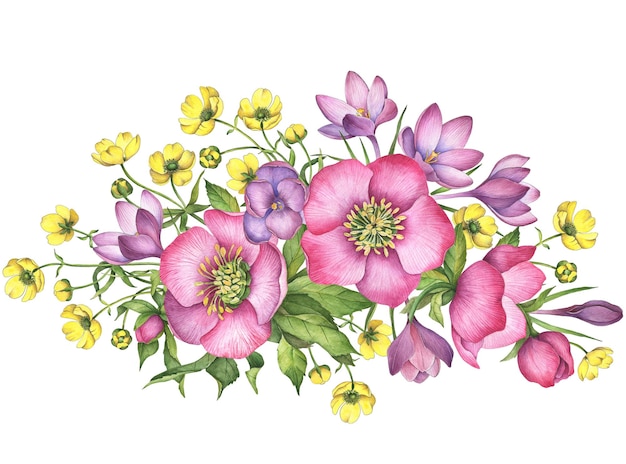 Photo bouquet d'illustration florale de composition aquarelle avec des fleurs de renoncule de crocus d'hellébore