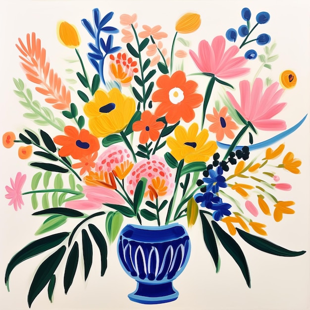 Bouquet inspiré de l'art populaire coloré dans un vase minimaliste