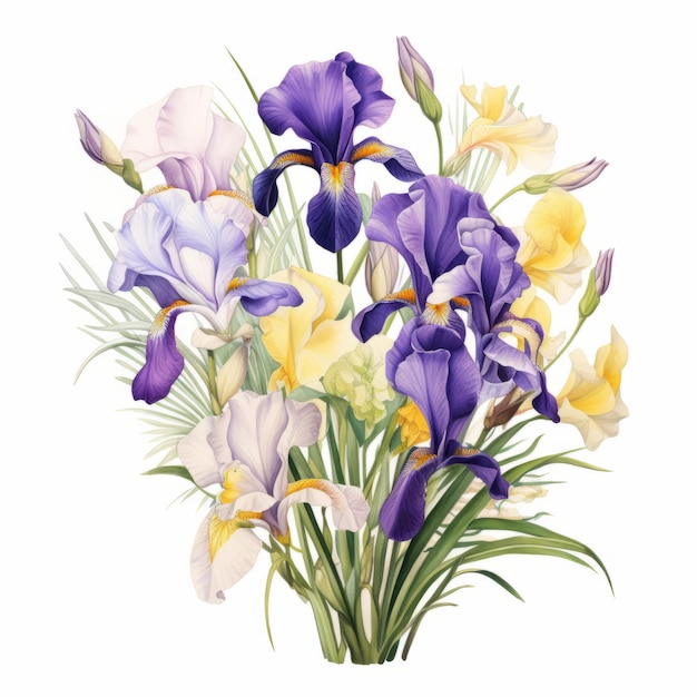 Bouquet d'iris à l'aquarelle détaillé dans le style de l'art botanique naturaliste