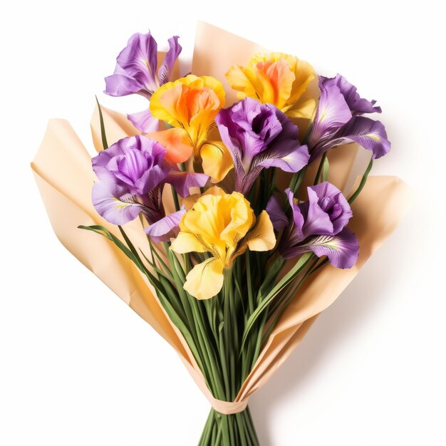 Photo un bouquet d'iris coloré un cadeau vibrant emballé dans du papier