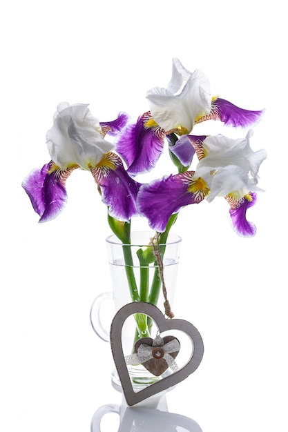 Bouquet d'iris dans un vase en verre sur un blanc. Composition isolée. Tir vertical