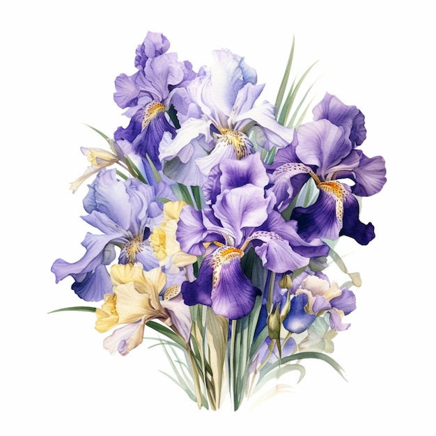 Un bouquet d'iris violets aux pétales jaunes.