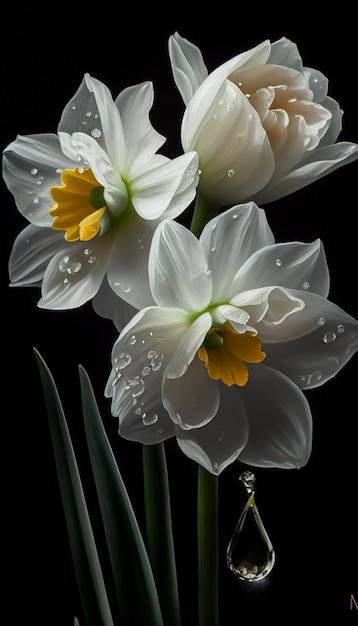 Un bouquet de jonquilles blanches avec des gouttes d'eau dessus