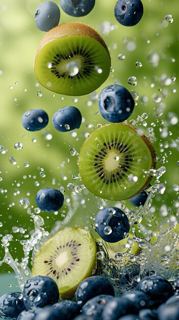 Un bouquet de kiwis tombant dans l'air dans une fontaine