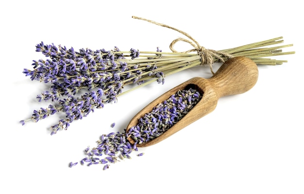 Bouquet de lavande séchée et boule en bois avec boutons floraux sur fond blanc.