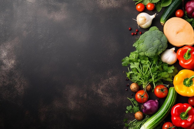 un bouquet de légumes sur un fond noir avec un fond sombre