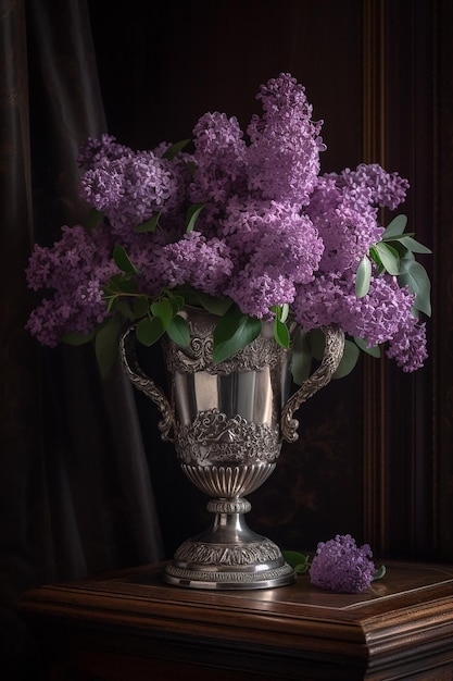 Bouquet de lilas dans un vase en argent